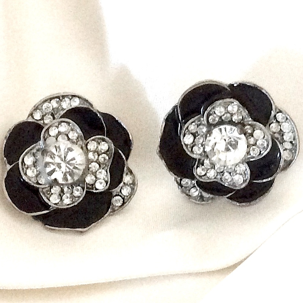 Black Crystal Floral Stud Earrings for Women
